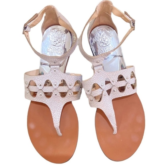 Vince Camuto  gladiator leather sandal metalllic champagne silver flat wedge 7.5 - Picture 4 of 10